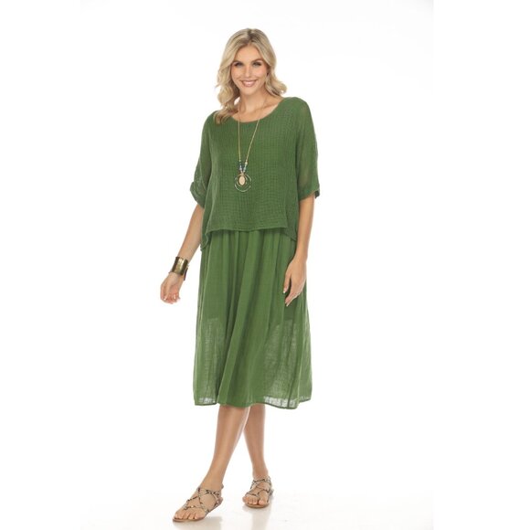 Moss Green Cape Style Dress with Netting Detail - Picture 2 of 6